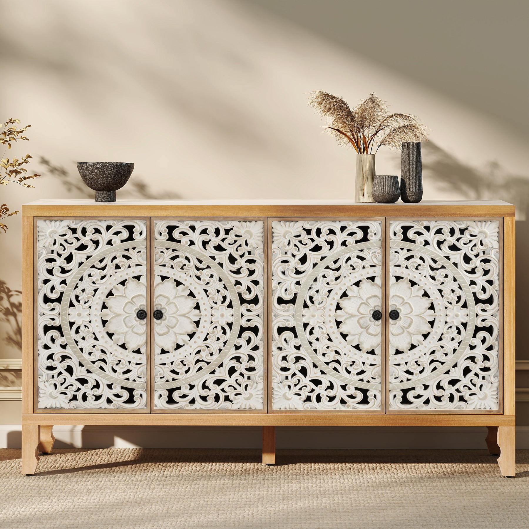 VineSparkle Floral Carved Buffet & Sideboard Cabinet, for Dining Room,living room BS017