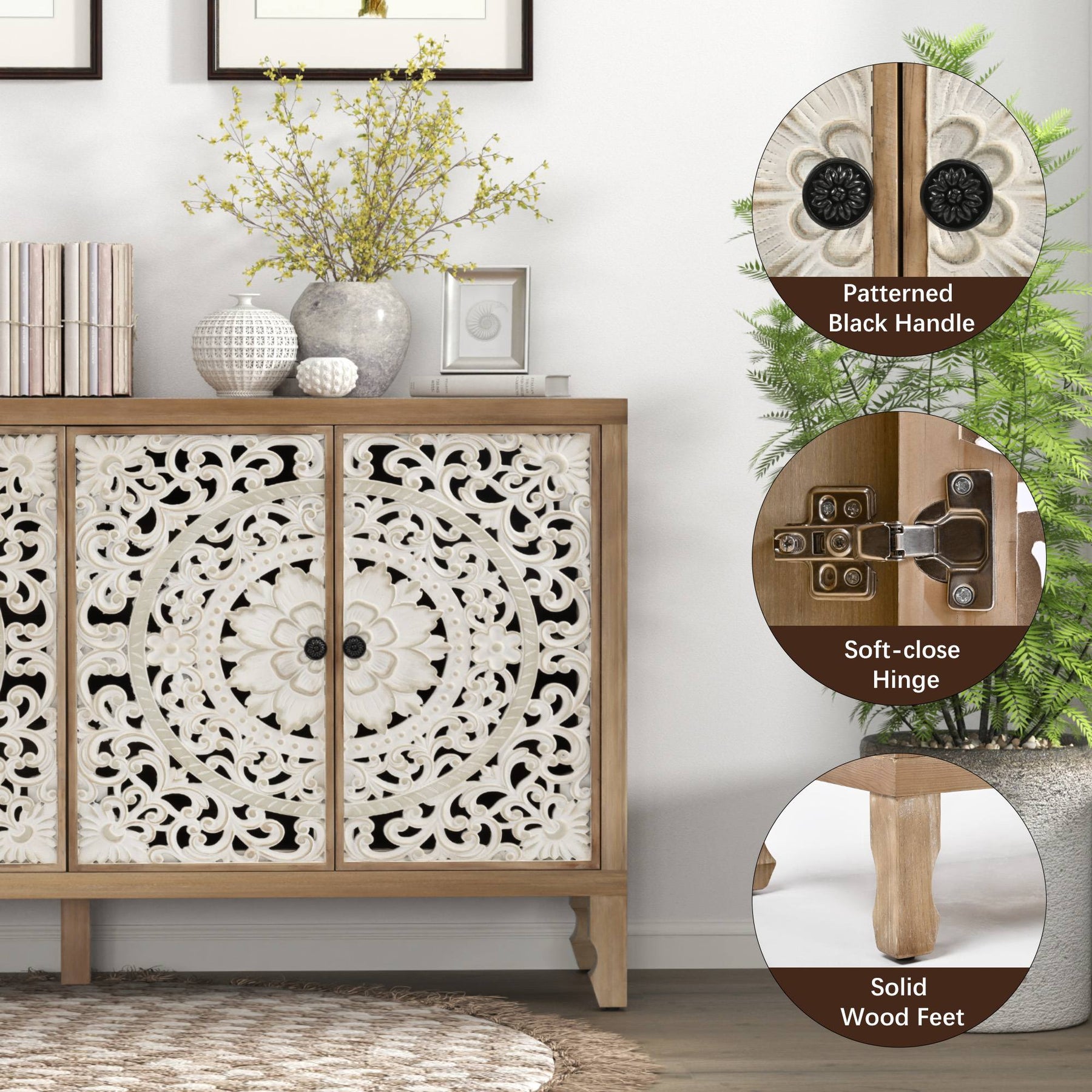 VineSparkle Floral Carved Buffet & Sideboard Cabinet, for Dining Room,living room BS017
