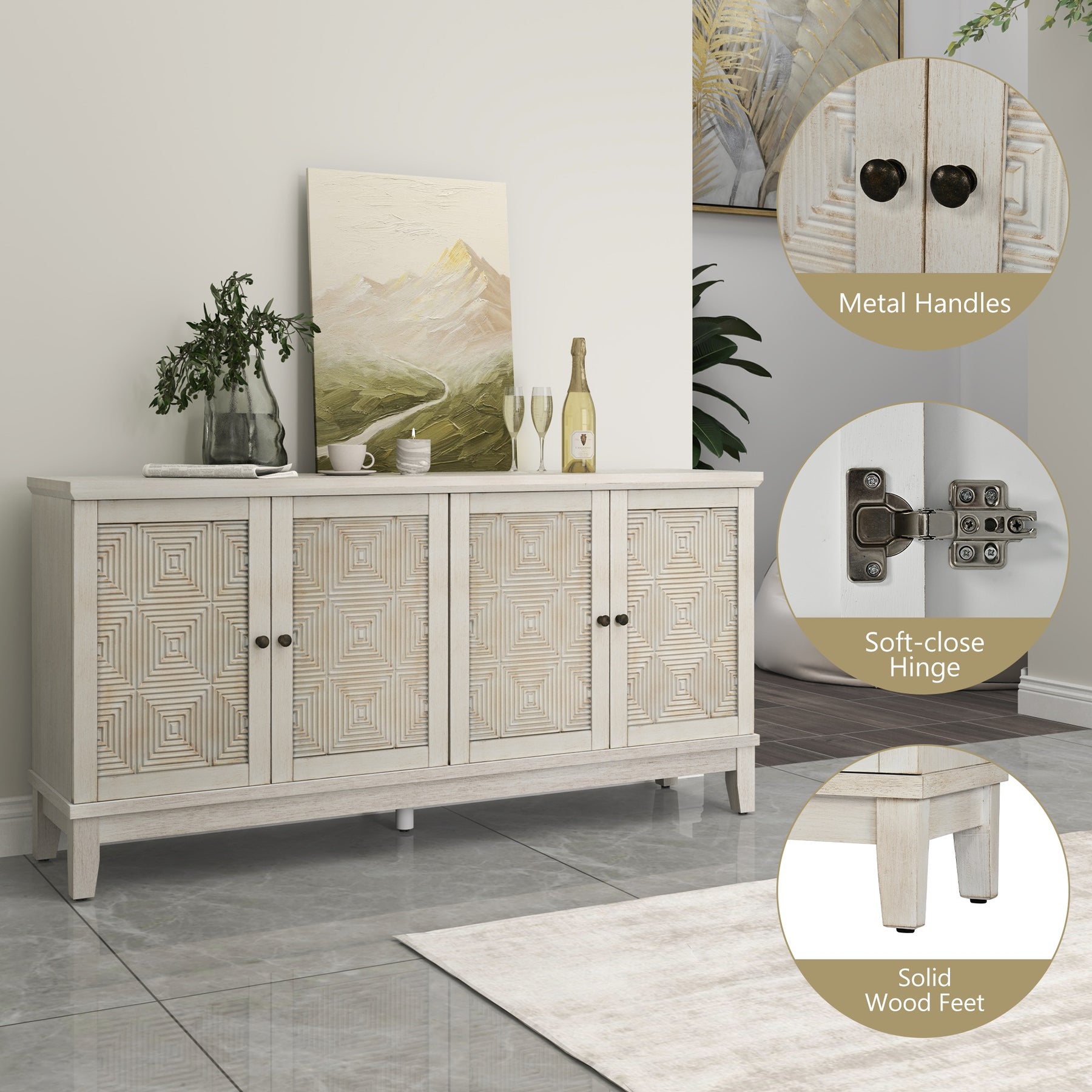Bohemian Sideboard - Accent Cabinet for Dining Room,White BS020