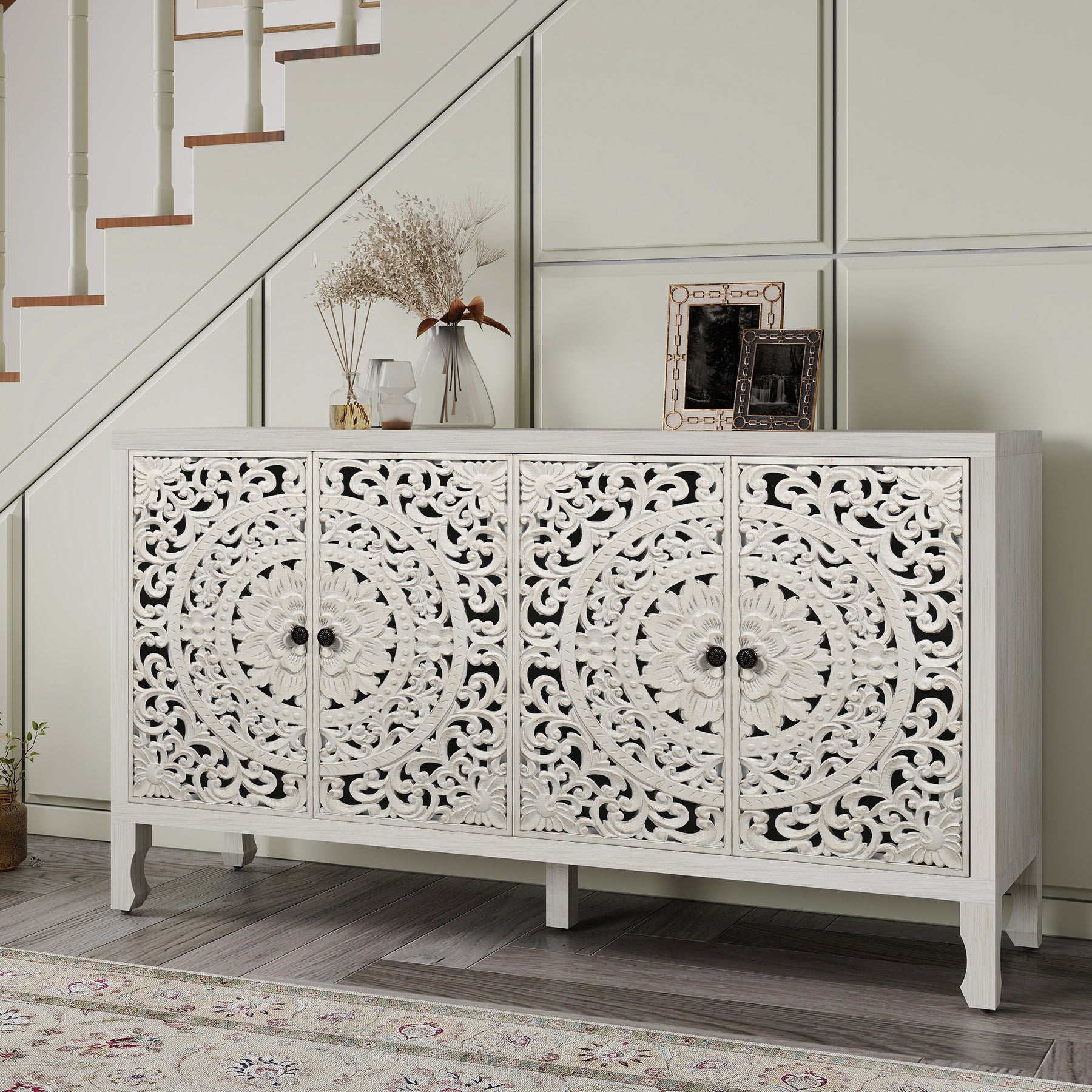 VineSparkle Floral Carved Buffet & Sideboard Cabinet, for Dining Room,living room BS017