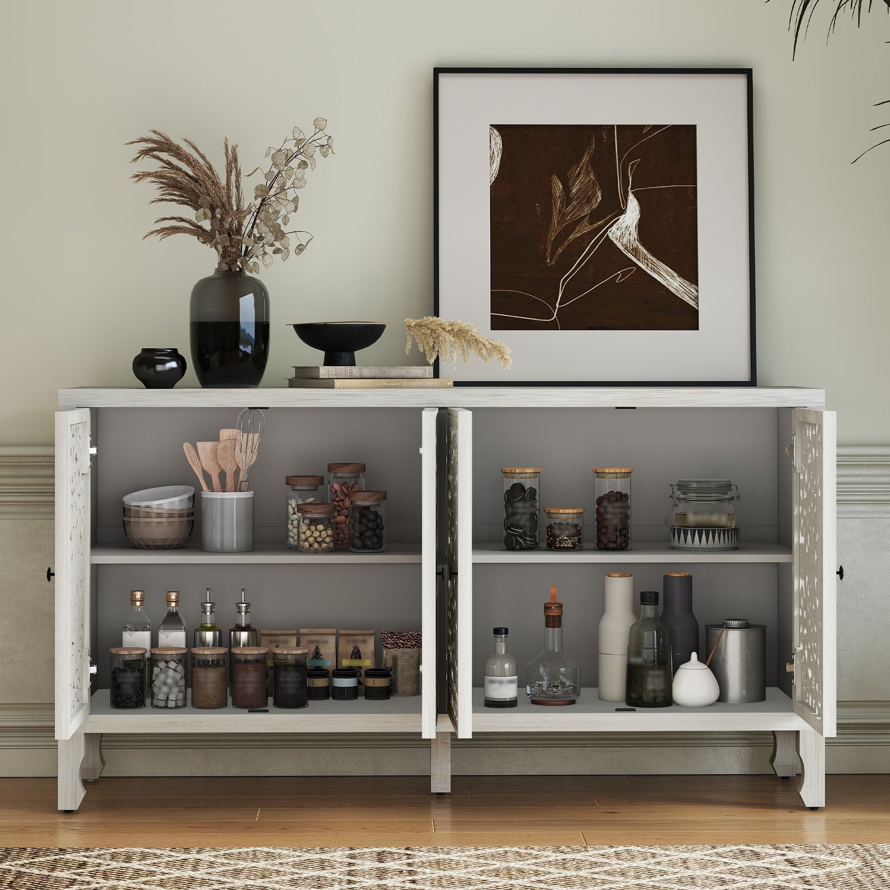 VineSparkle Floral Carved Buffet & Sideboard Cabinet, for Dining Room,living room BS017