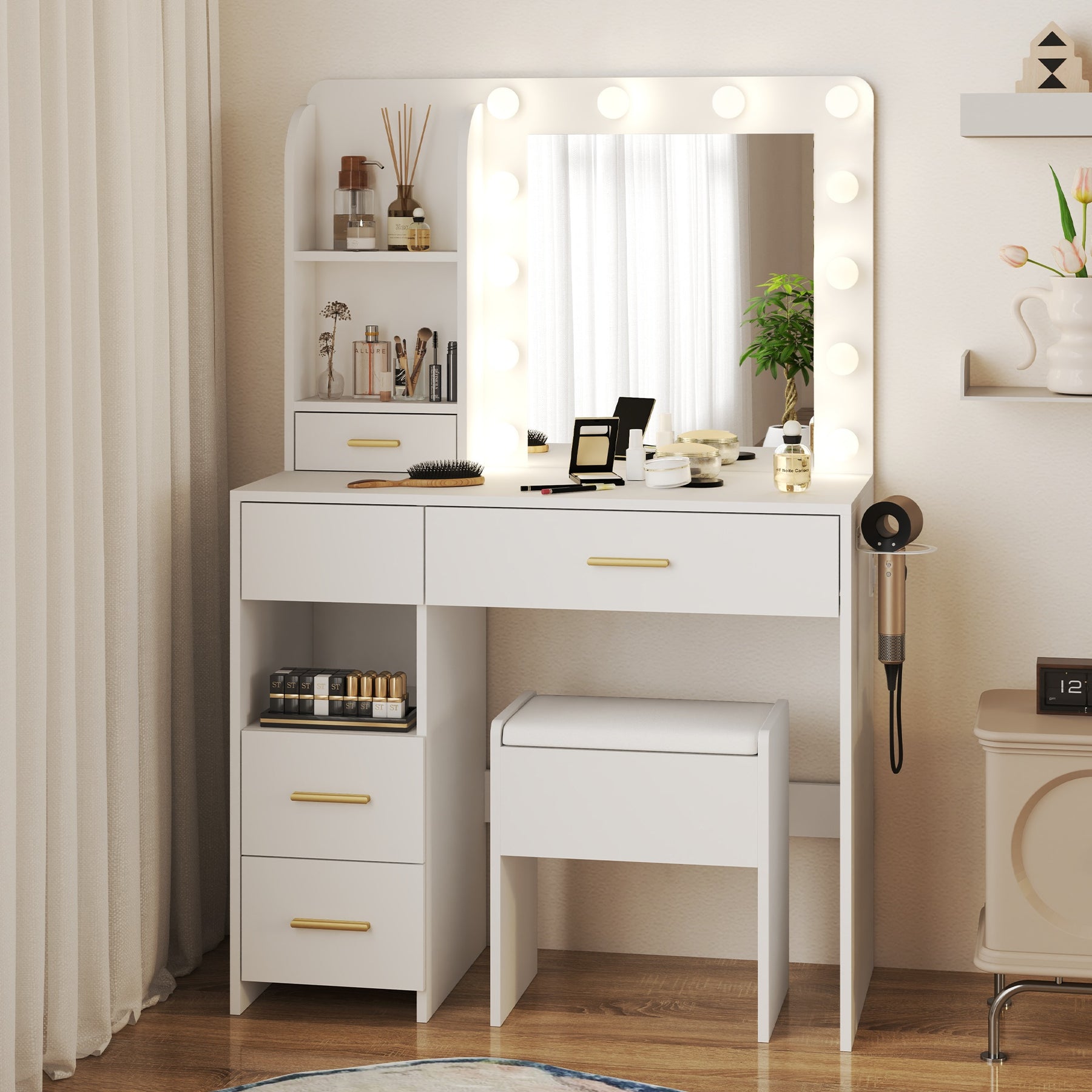Modern Vanity Set  - White Bedroom Makeup Vanity  Storage Bench VVB002