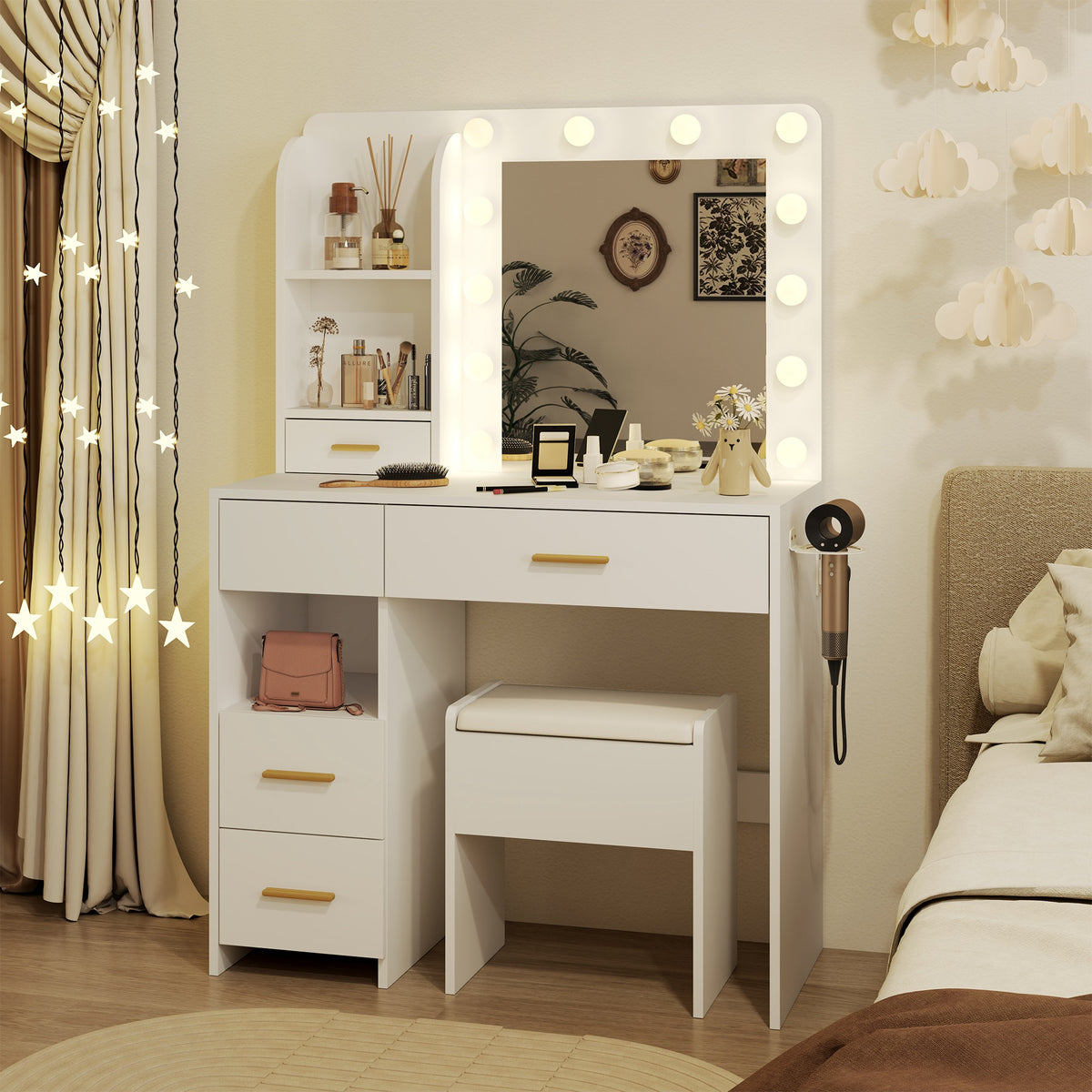 Modern Vanity Set  - White Bedroom Makeup Vanity  Storage Bench VVB002