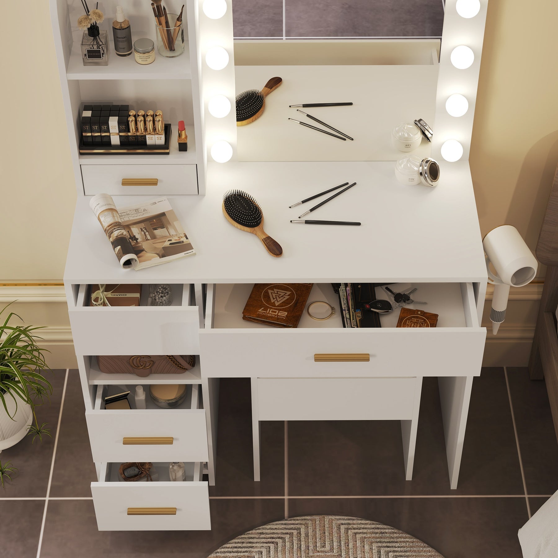 Modern Vanity Set  - White Bedroom Makeup Vanity  Storage Bench VVB002