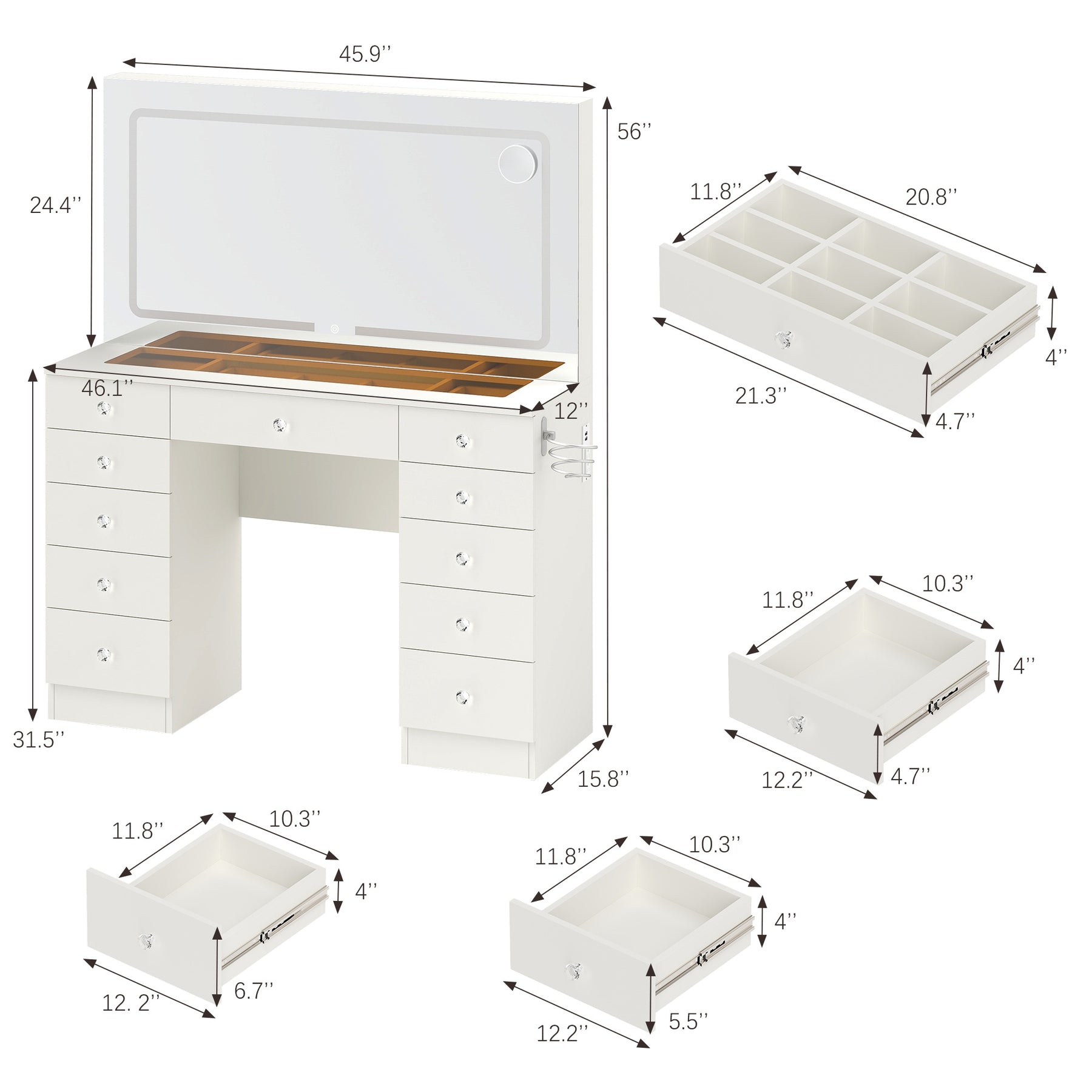 Vanity Desk  Glass top ,11 Drawers Makeup Vanity Desk,  for Bedroom,VVB004