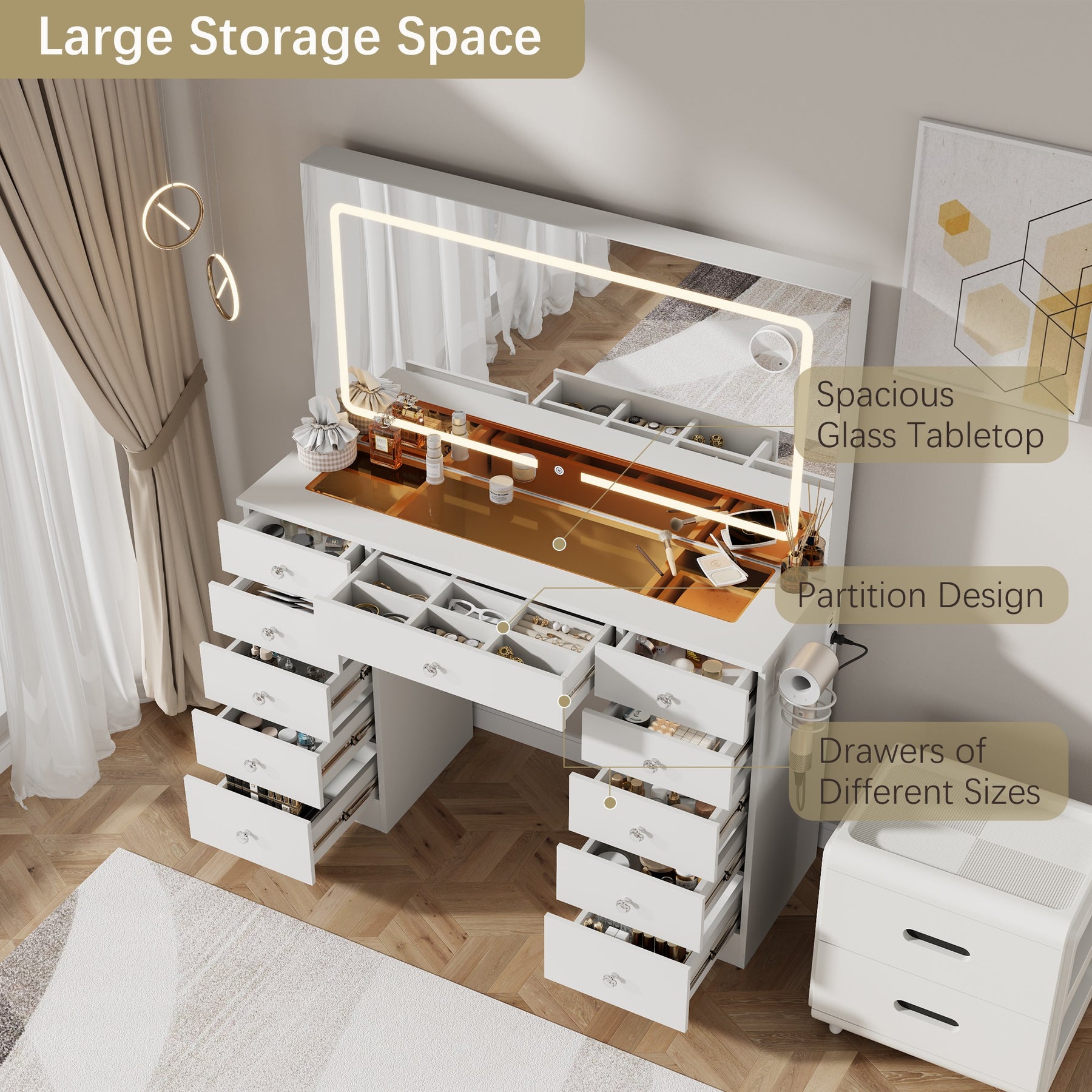 Vanity Desk  Glass top ,11 Drawers Makeup Vanity Desk,  for Bedroom,VVB004