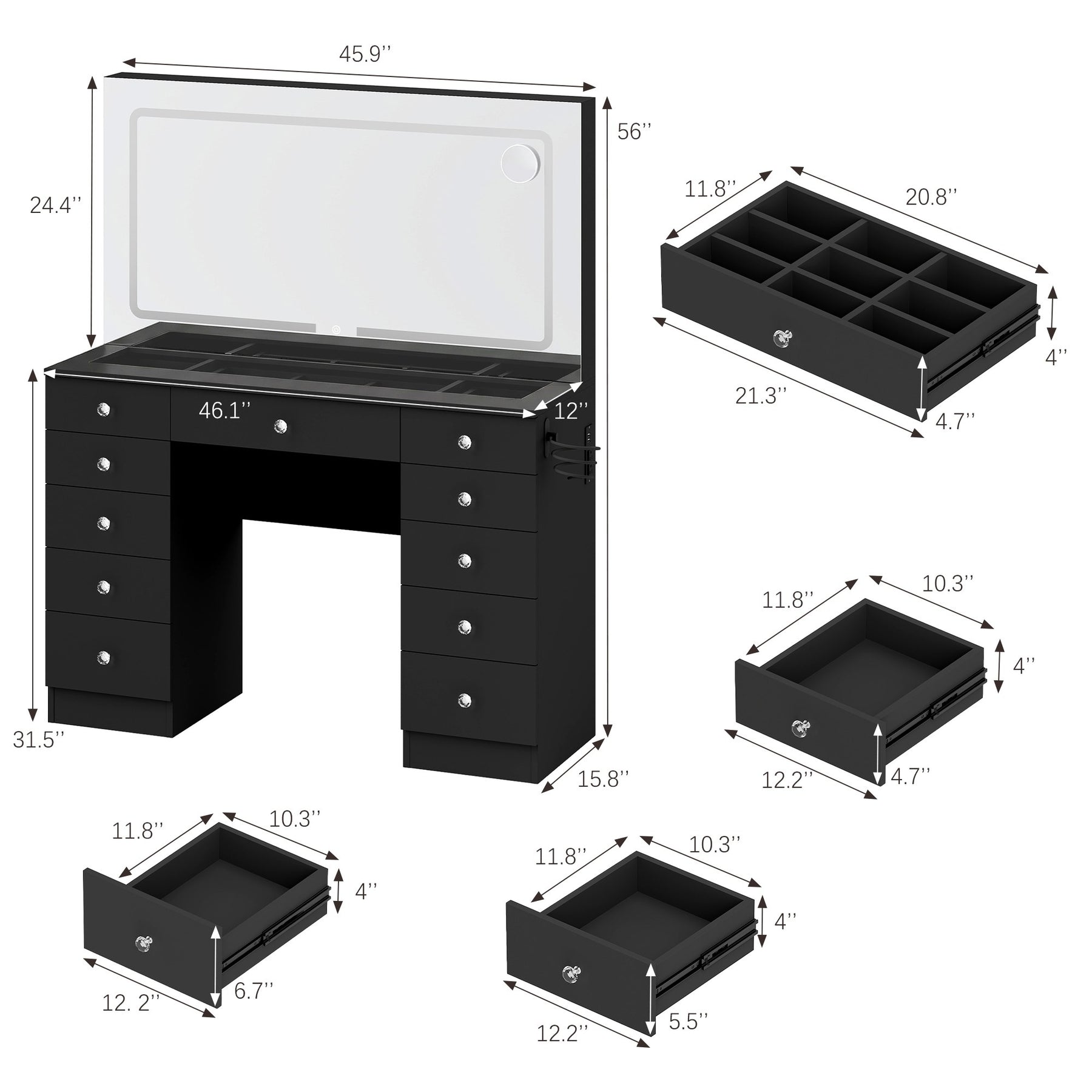 Vanity Desk  Glass top ,11 Drawers Makeup Vanity Desk,  for Bedroom,VVB004