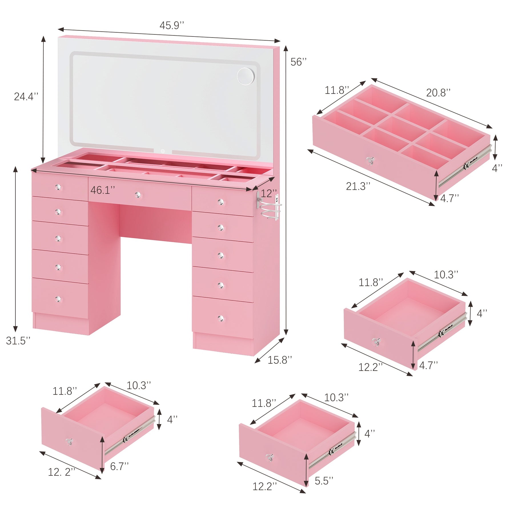 Vanity Desk  Glass top ,11 Drawers Makeup Vanity Desk,  for Bedroom,VVB004